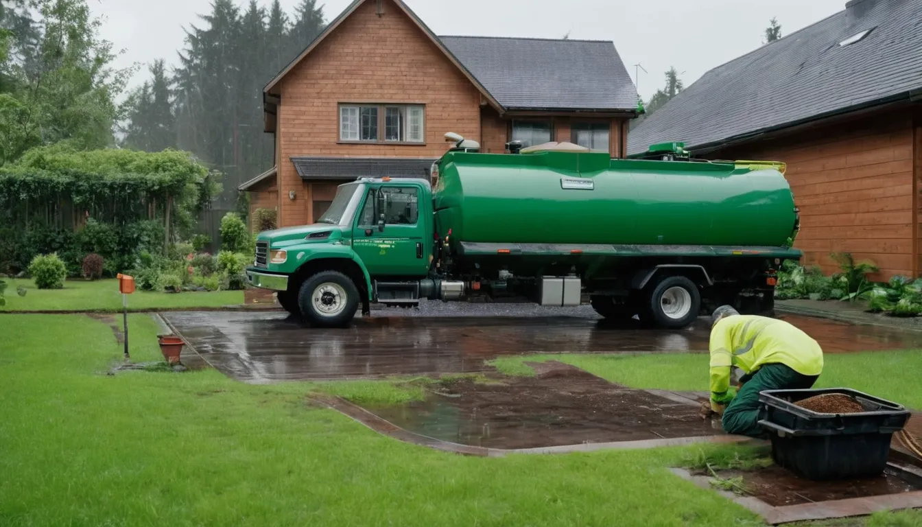 A local provider checking a septic tank access lid in a yard near Tacoma